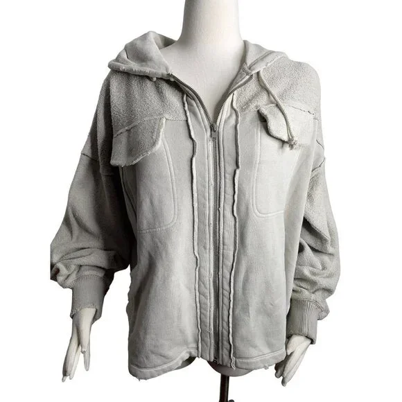 Free People Britney Cardi Jacket Hooded Sweatshirt Zip Front Oatmeal Size M NWT - Picture 3 of 10